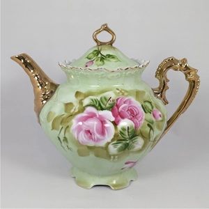 Lefton China Heritage Green Teapot Pink Roses on Green Gilded Pattern 792 Japan